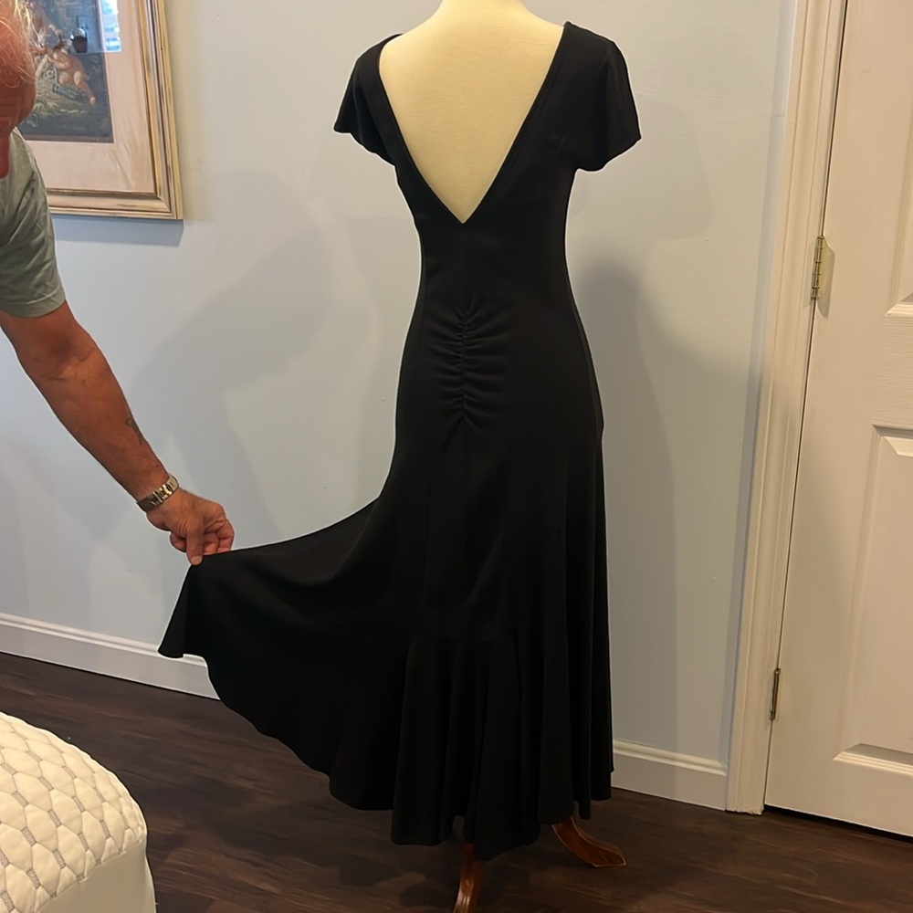 VINTAGE MICHELLE STUART MIDI DRESS / SMALL /SEXY V BACK GATHERED & FITTED /BLACK